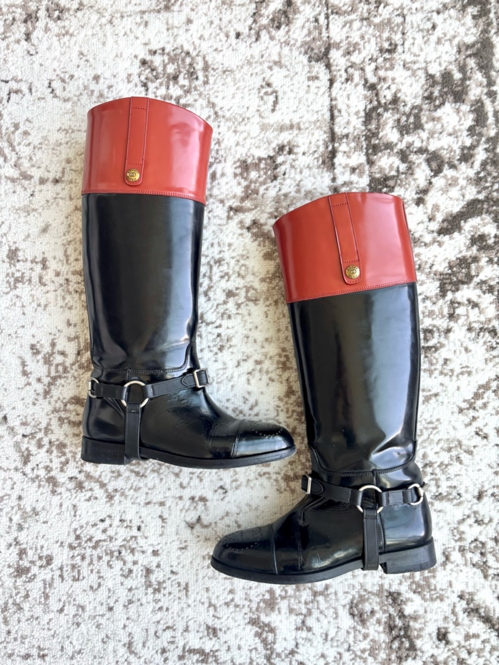 Gucci Harness Horsebit Knee-High Calf Leather Riding Boots - Nero/Amber